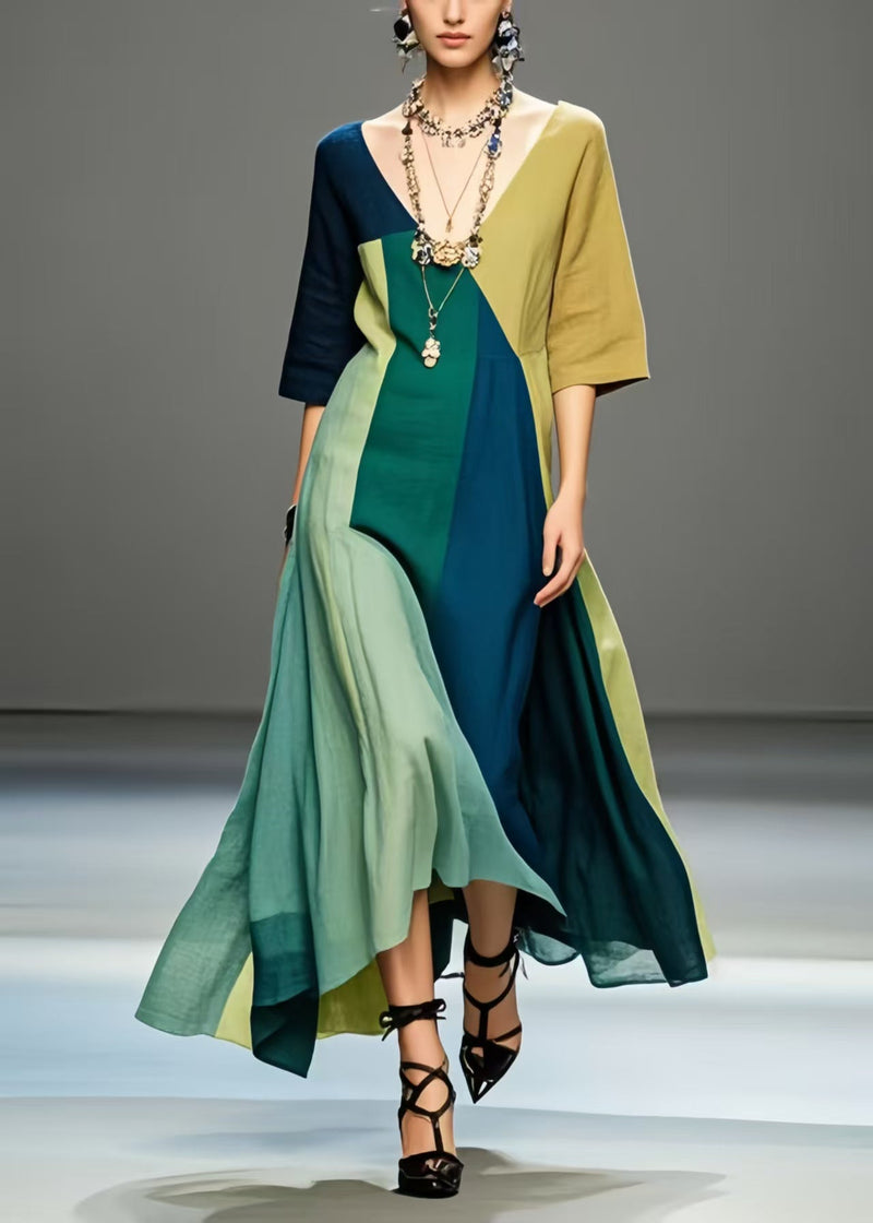 Multicolour V Neck Exra Large Hem Cotton Long Dress Summer