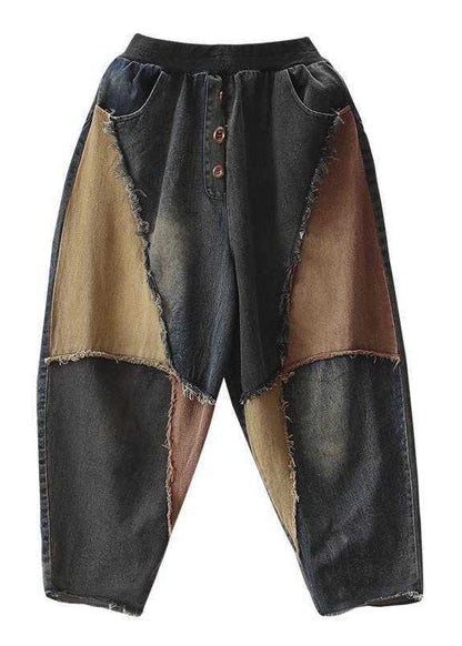 Colorblock Patchwork Elastic Waist Button Jeans