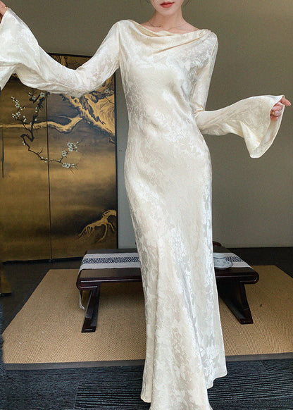 French Champagne Print Flattering Maxi Dress Spring