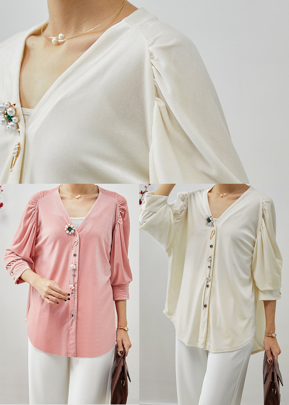 Pink V Neck Nail Bead Silk Velour Shirt Fall