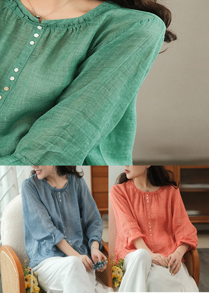 Orange O-neck Ruffled Linen Tops Long Sleeve