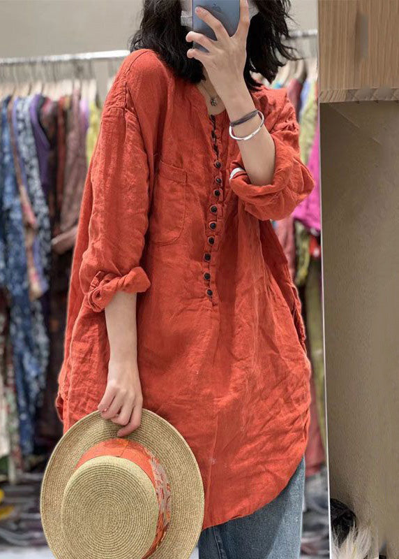 Orange Button Pockets Cotton Top Spring