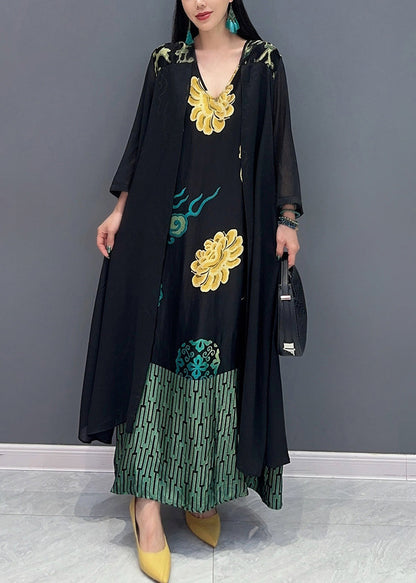 Loose Black V Neck Fake Two Piece Printed Dress for Summer