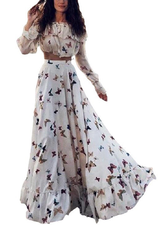 White Butterfly Print Tops and Skirts Cotton Two Pieces Set Spring