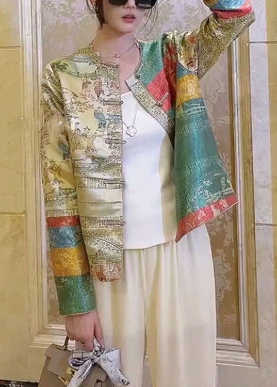 Chinese Style Green Button O-neck Print Coats Spring