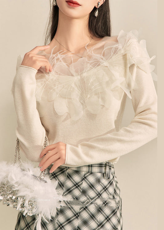 Classy White Patchwork Knit Top Spring