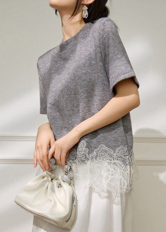 Grey Lace Patchwork Top Short Sleeve