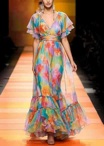 Multicolour Cinched Print Chiffon Vacation Dresses Summer