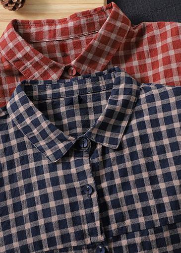 Loose Lapel Patchwork Spring Blouse Sleeve Red Plaid Top