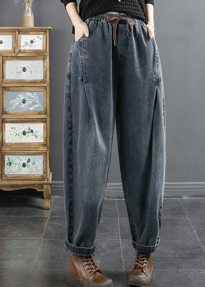 Blue Pockets Patchwork Elastic Waist Cotton Denim Harem Pants Fall