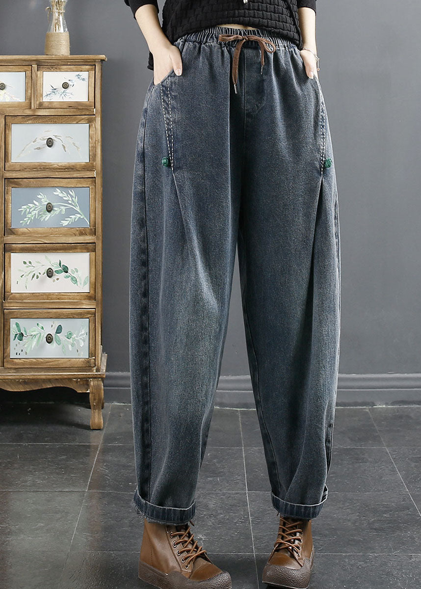Blue Pockets Patchwork Elastic Waist Cotton Denim Harem Pants Fall