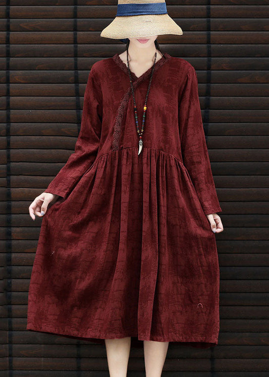 Mulberry Jacquard Cotton Dresses Wrinkled Long Sleeve