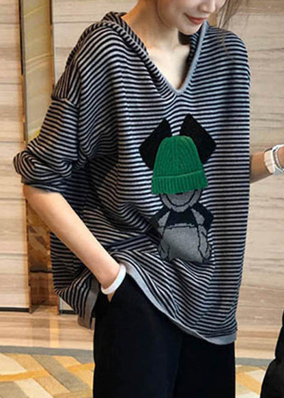 Black Striped Print Hooded Patchwork Cotton Top Fall