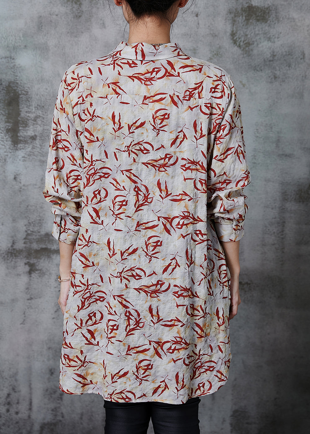Apricot Peter Pan Collar Print Linen Long Shirts Summer