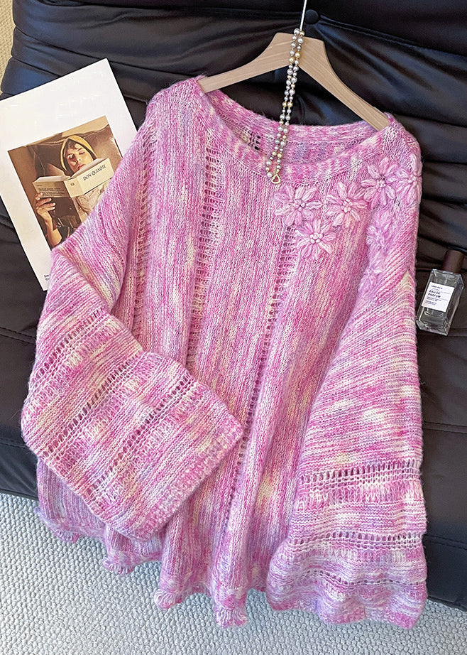 Pink Hollow Out Cozy Knit Sweater Tops Fall