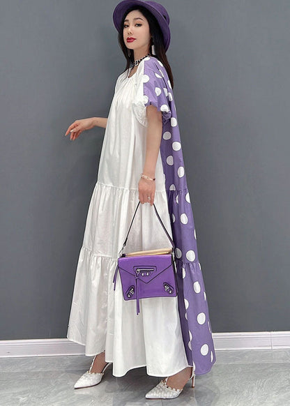 Purple Dot Print Cotton Long Dress Wear on Both Sides Exra Large Hem Short Sleeve