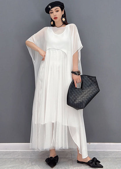 Organic White O-neck Chiffon Vest Dress and Cloak Two Piece Set Outfits Summer