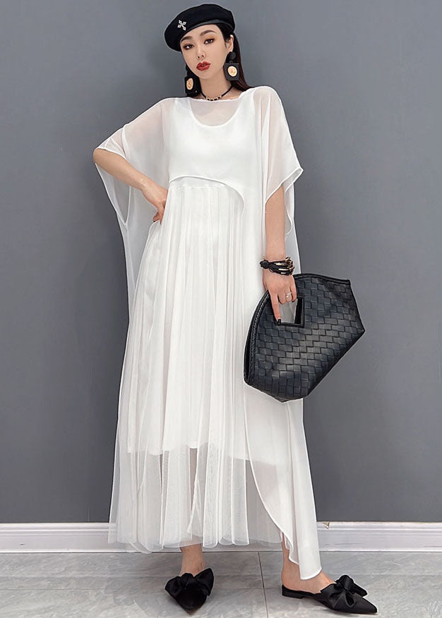 Organic White O-neck Chiffon Vest Dress and Cloak Two Piece Set Outfits Summer