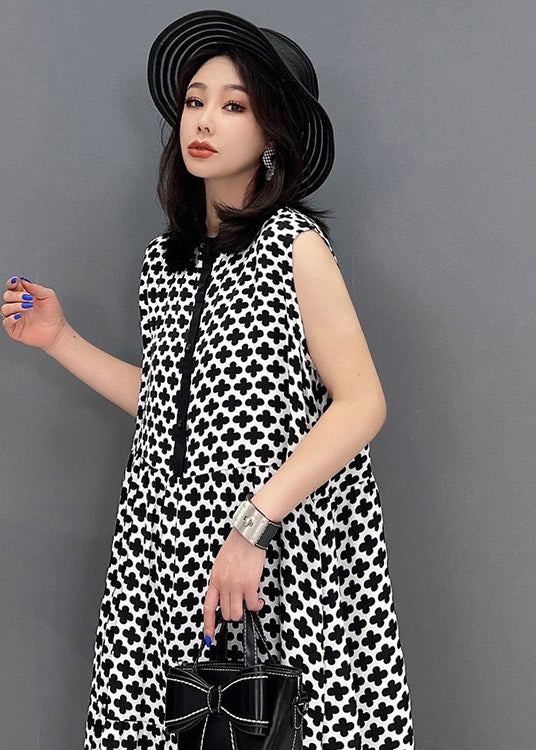 Black Peter Pan Collar Print Button Pockets Dress Sleeveless