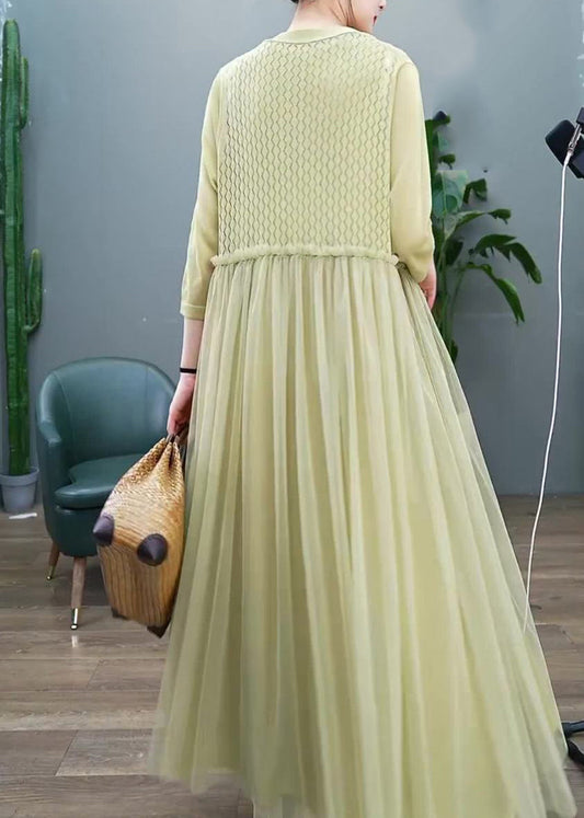 Organic Green Hollow Out O-neck Tulle Patchwork Long Dress Two Pieces Set Long Sleeve