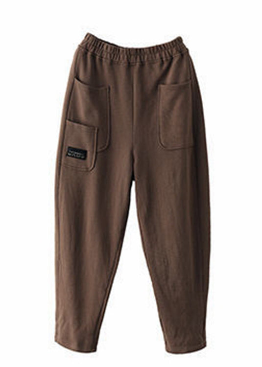 Chocolate Colour Pockets Elastic Waist Cotton Pants Fall