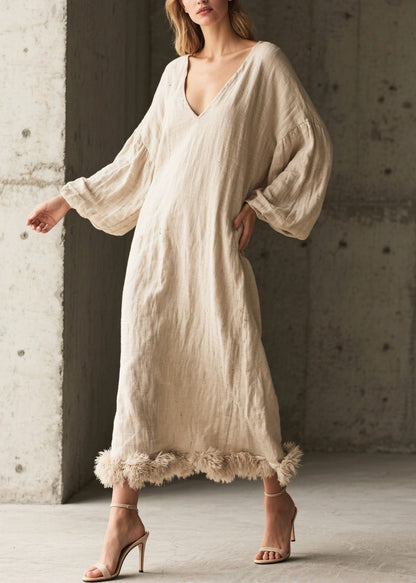 White V Neck Patchwork Faux Fur Cotton Maxi Dresses Fall