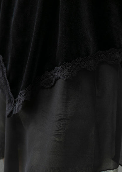 Black Asymmetrical Patchwork Silk Velour Blouse Tops Fall