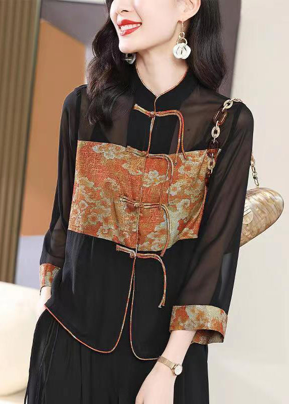 Black Stand Collar Tasseled Patchwork Chiffon Shirt Top Fall