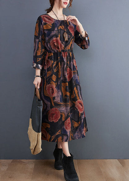 Handmade Blue O-neck Cinched Cotton Maxi Dress Long Sleeve
