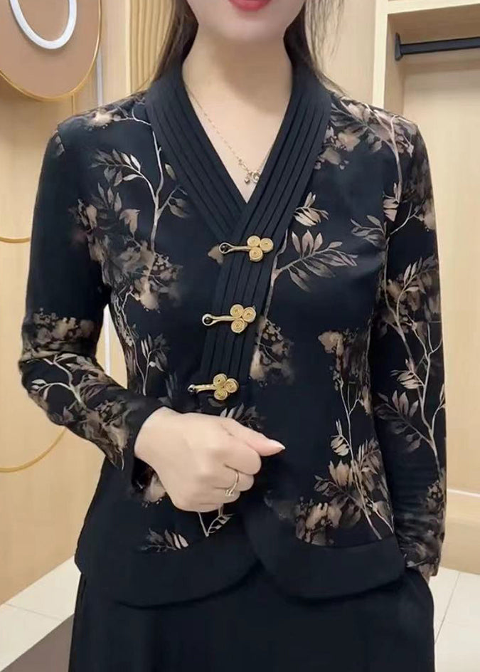 Black V Neck Print Chinese Button Cotton Top Spring