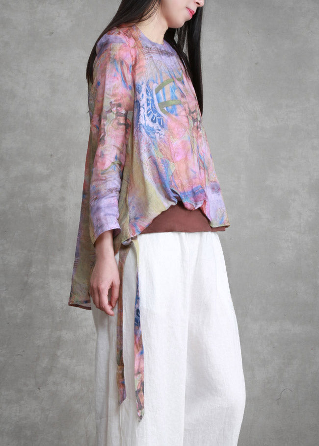 Unique O-neck Print Asymmetrical Low High Design Tie Waist Linen Top Long Sleeve
