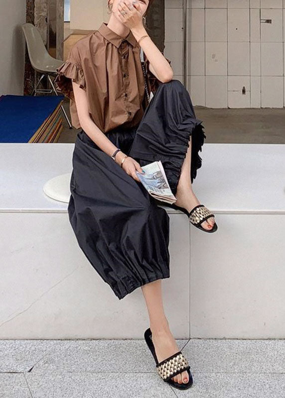 Fine Coffee Peter Pan Collar Button Top and Crop Pants Two Pieces Set Summer