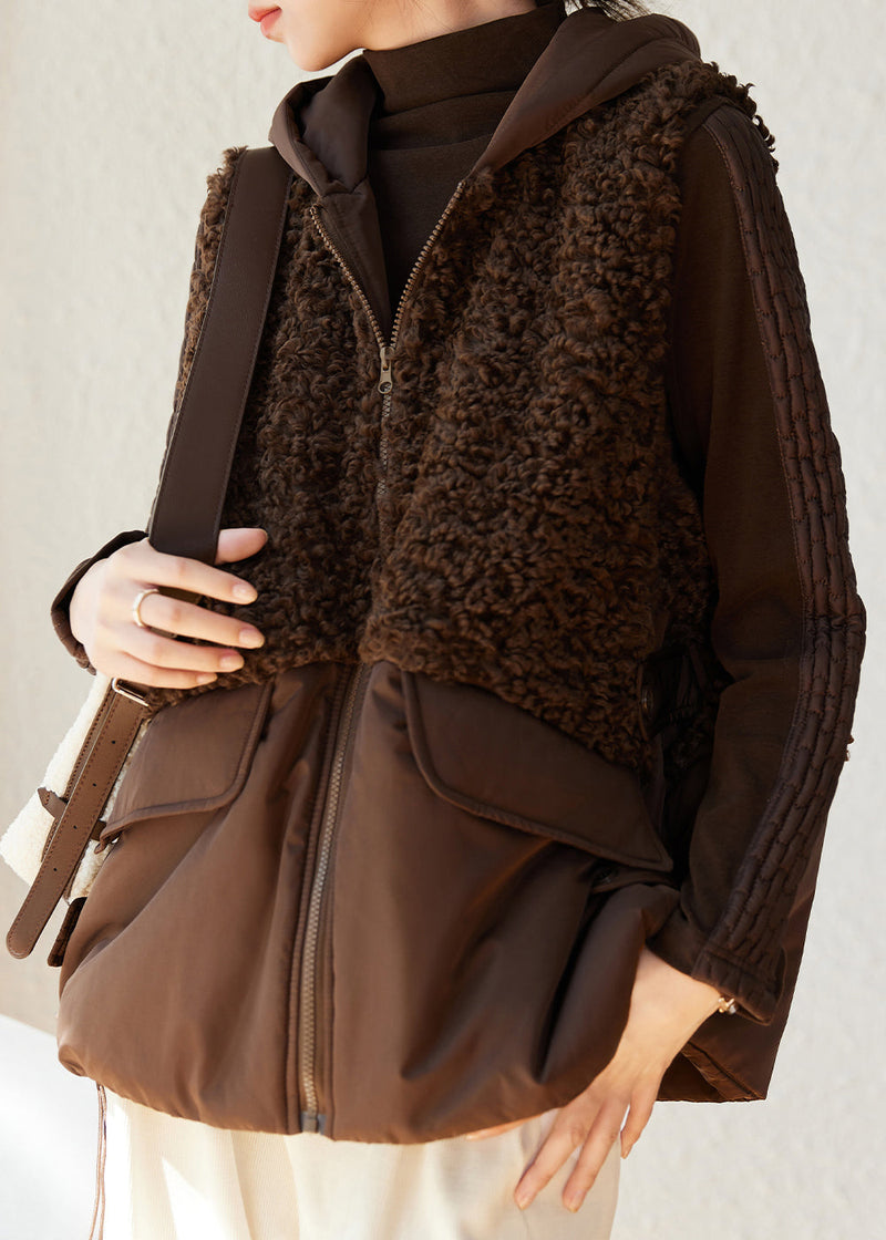 Loose Coffee Zip Up Faux Fur Patchwork Fine Cotton Filled Vest Sleeveless
