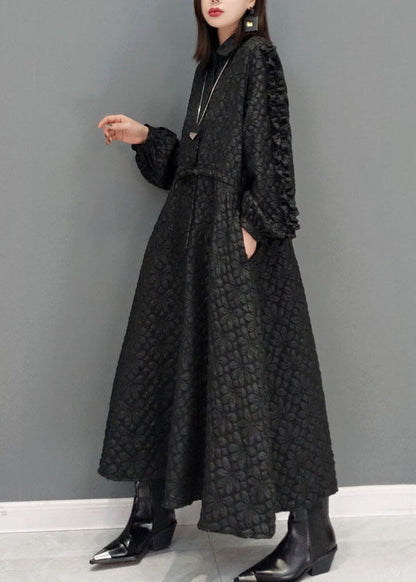 Black Tie Waist Peter Pan Collar Jacquard Long Dress Spring