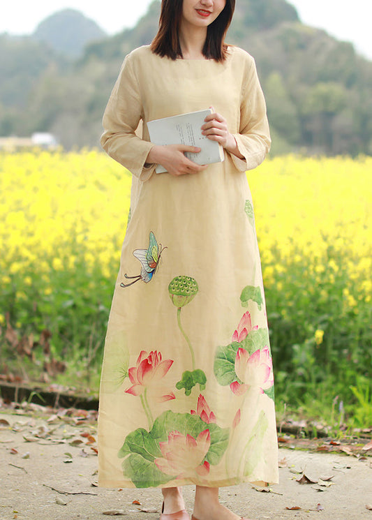 Brief Beige O-neck Butterfly Print Linen Dresses Long Sleeve