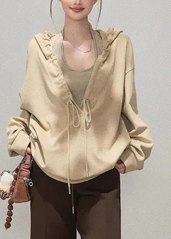 Khaki Tie Lace Drawstring Hooded Sweatshirts Fall