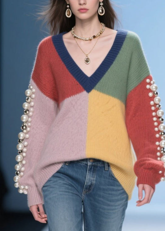 Original Colorblock V Neck Nail Bead Patchwork Knitted Sweaters Fall