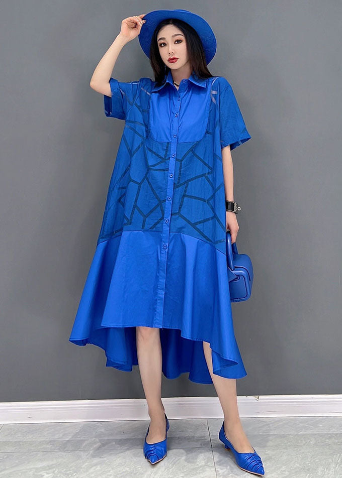 Blue Peter Pan Collar Patchwork Ruffles Low High Design Cotton Dress Short Sleeve