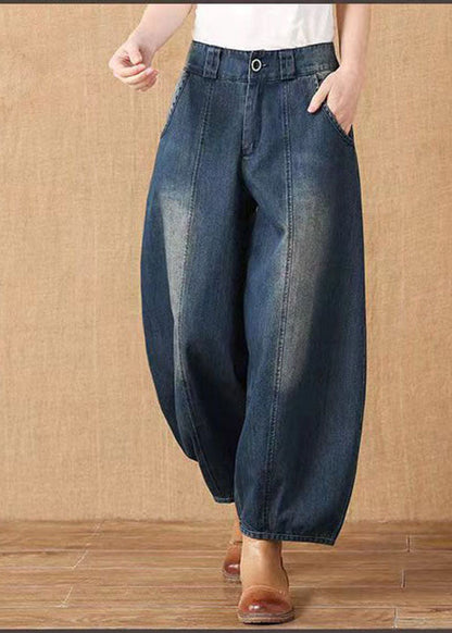 Denim Blue High Waist Pockets Patchwork Cotton Harem Pants Spring