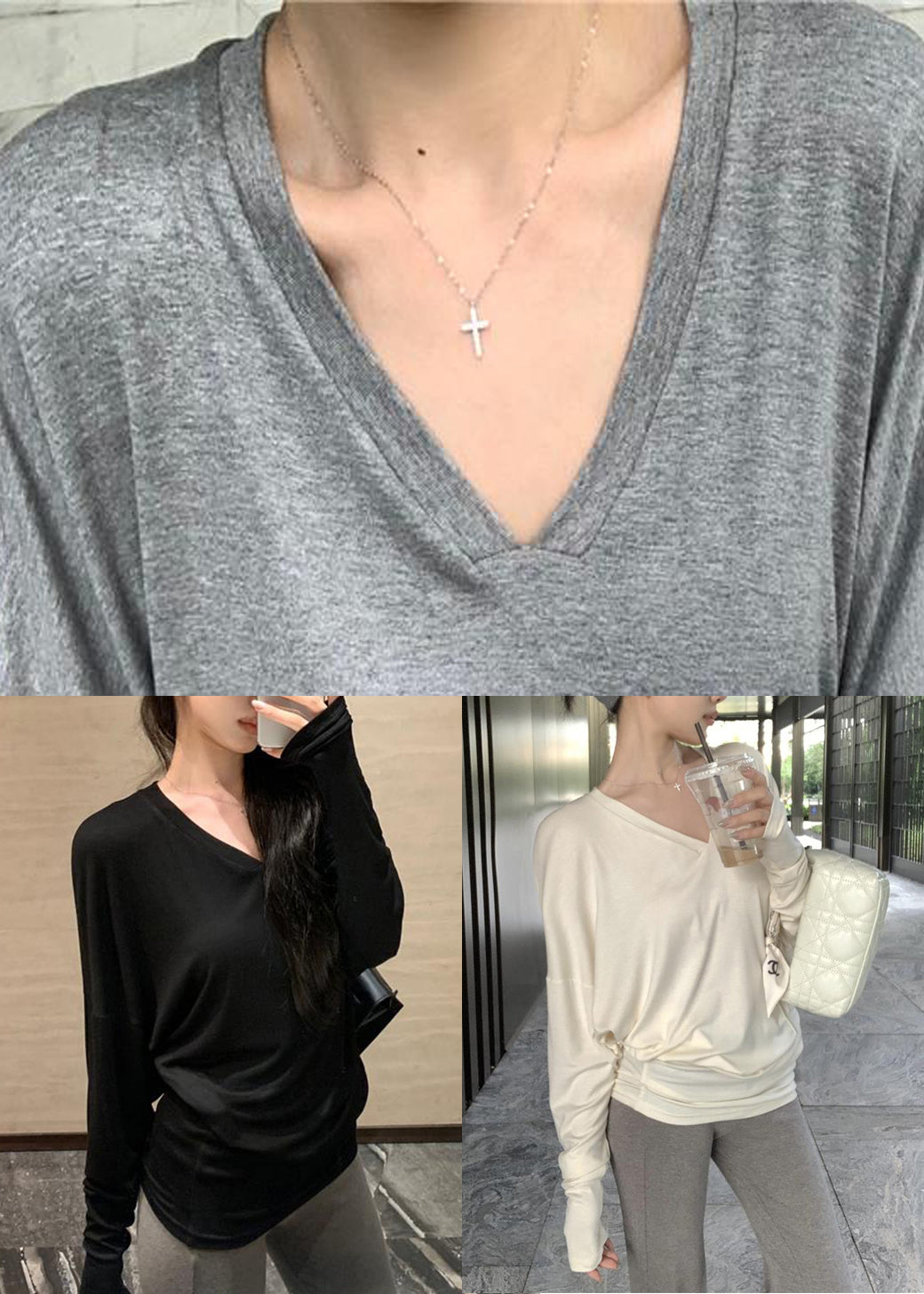 New Grey V Neck Cotton T Shirt Spring
