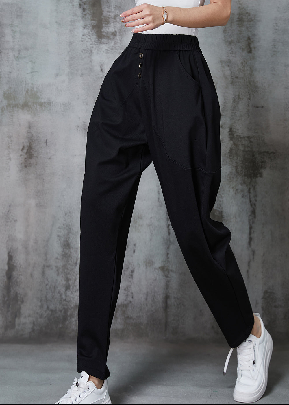 Black Elastic Waist Cotton Harem Pants Spring