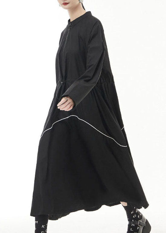 Unique Black Drawstring Zippered Stand Collar Dress Spring