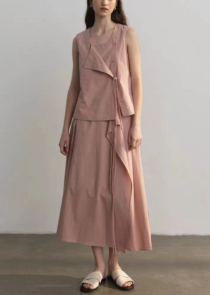 Italian Pink Square Collar Tops and Skirts Cotton Two Pieces Set Sleeveless