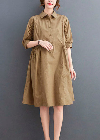 Khaki Peter Pan Collar Button Cotton Dresses Half Sleeve