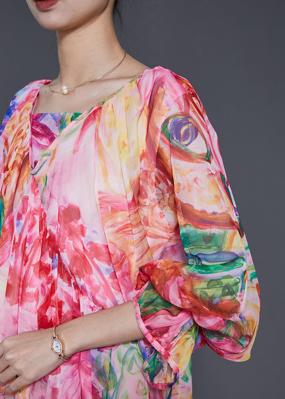 Pink Print Exra Large Hem Chiffon Dresses Lantern Sleeve Spring