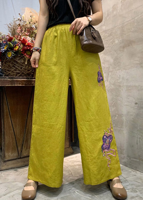Yellow Embroideried Linen Wide Leg Pants Summer
