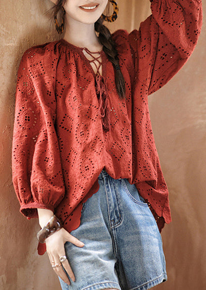 Red Hollow Out Lace Up Cotton Shirt Bracelet Sleeve