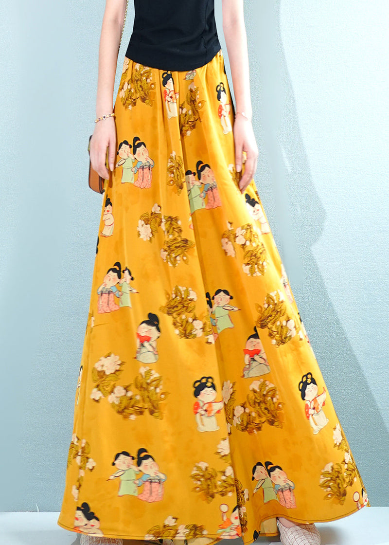 Yellow Print Pockets Oversized Chiffon Pants Skirt Summer