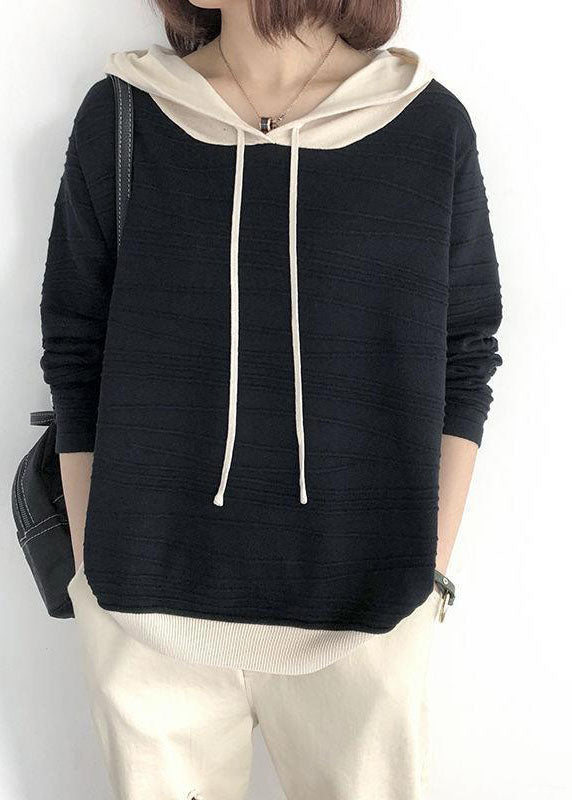 Khaki Hooded Drawstring Patchwork Fall Knit Sweatshirts Top