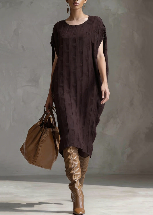 Coffee O Neck Oversized Silk Cotton Dress Batwing Sleeve